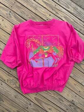 Vintage 80s Hot Pink Batwing Dolman Sleeve Carousel Graphic Sweatshirt
